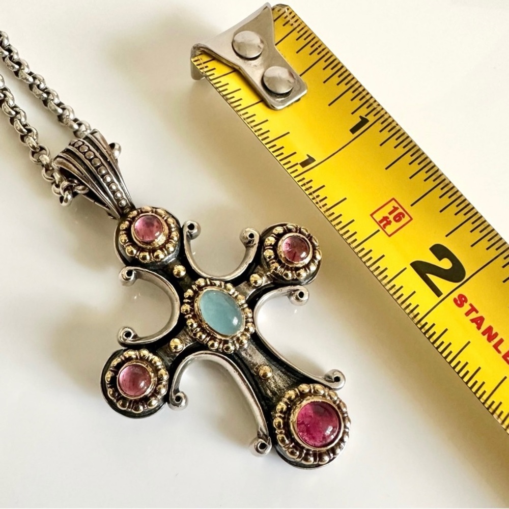Konstantino Cross Pink Tourmaline and Aquamarine Gems - Picture 7 of 11